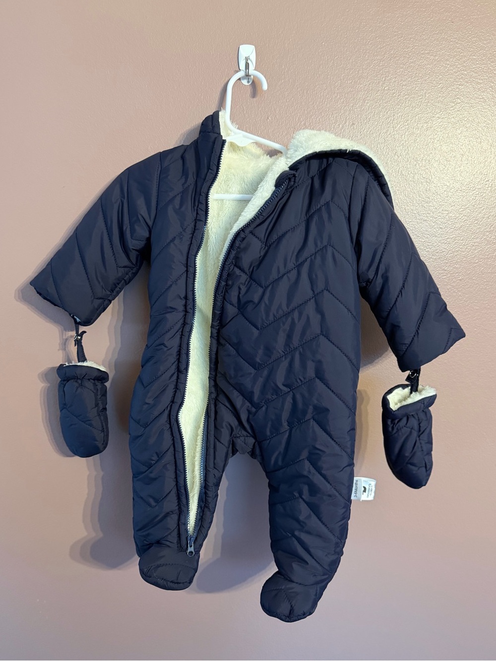 Navy Fleece-Lined Baby One-Piece Snowsuit with Mittens